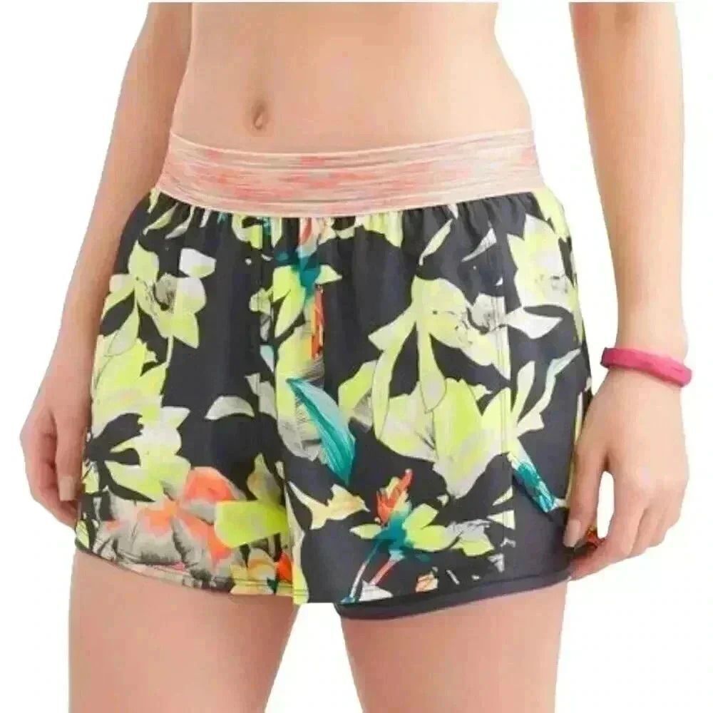 Avia Women's Charcoal White Tropical Print Poly/Spandex 2Fer Athletic Shorts